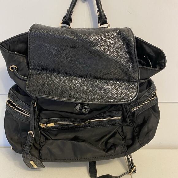 Neiman Marcus Designer Backpack Black PVC Nylon Travel Day Bag Silvertone Logo - Picture 10 of 11